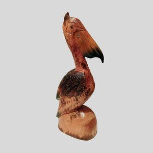 Vintage Wood Carving Pelican, Hand-Carved Bird Figurine Wooden Sculpture 10"